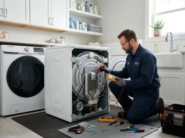 Appliance Repair Hero technician checking a dryer heating element with the rear panel off in Butler, MD